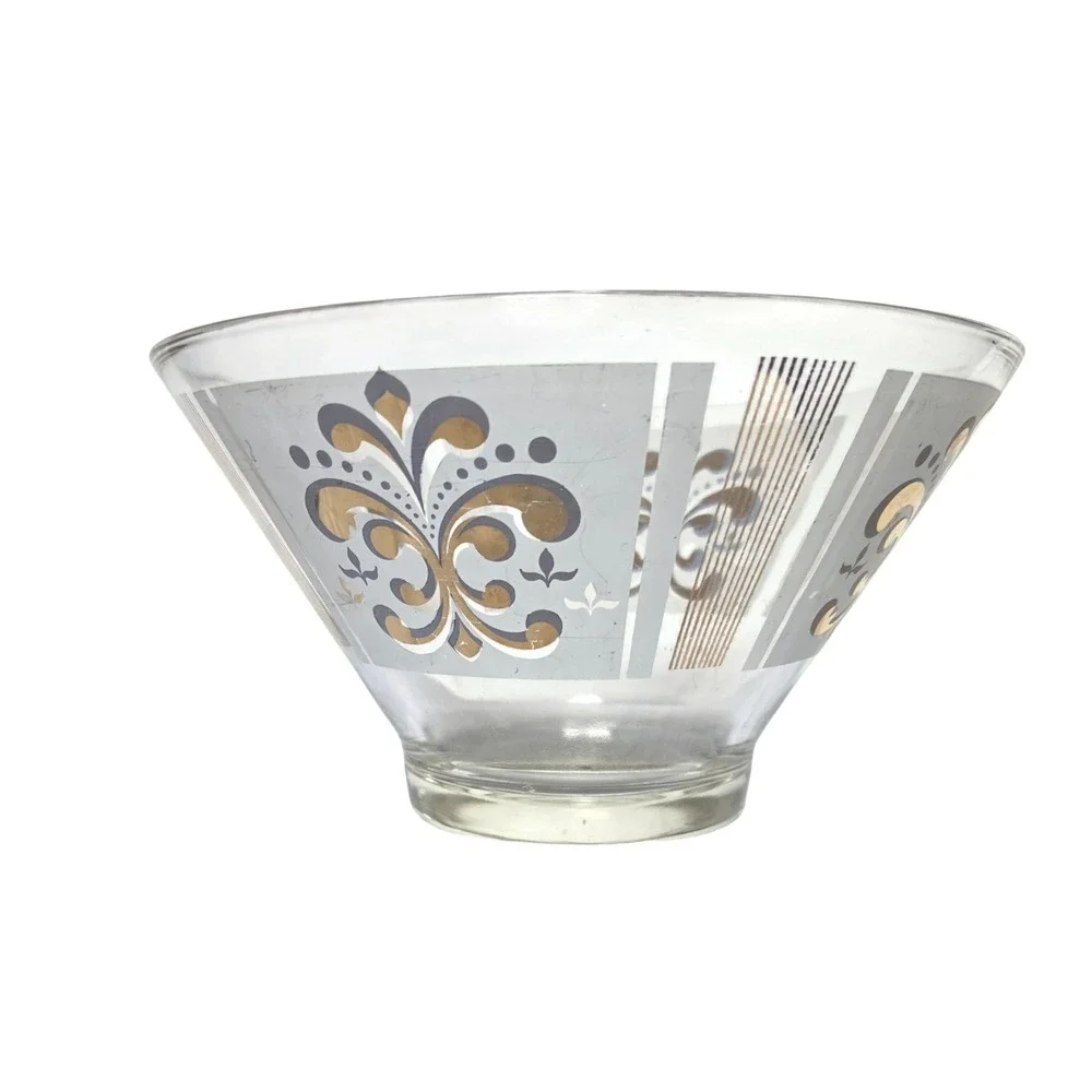 Vintage MCM Glass Bowl Gold Silver Fleur De Lis‎ Striped Mid Century Modern 11